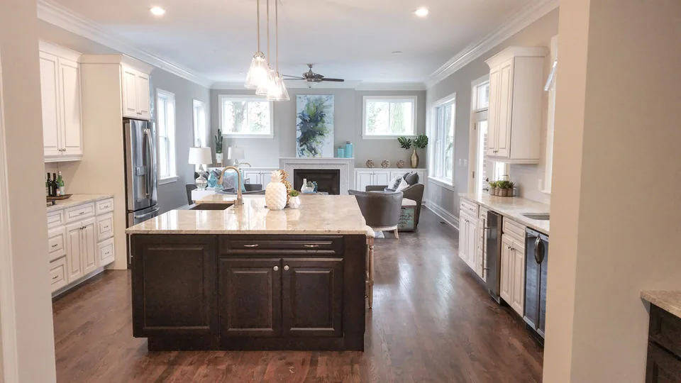 Open kitchen with island and living room